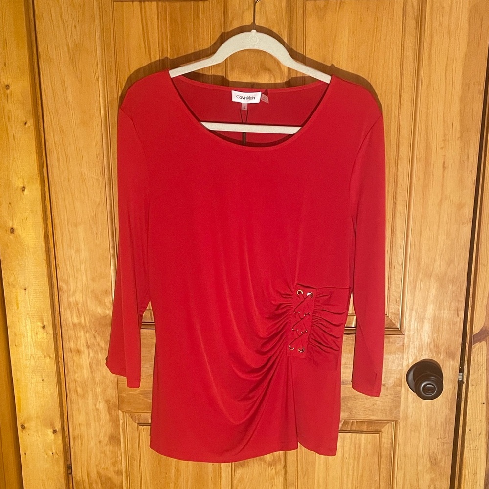 Calvin Klein NWT Red Blouse w/Ruching/Lacing Detail, SZ Lg